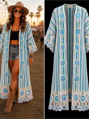NWOT POL Crochet Floral Long Kimono Cover-Up duster cardigan blue white OSFM